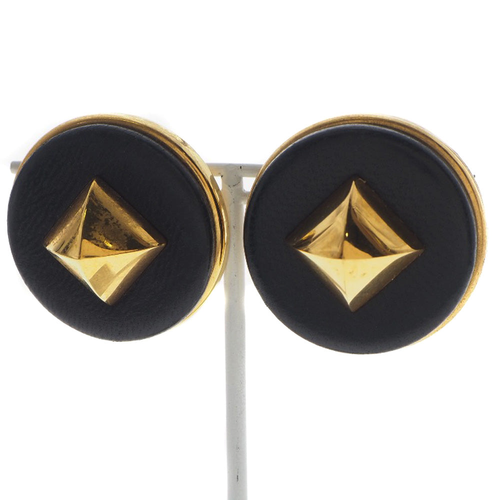 HERMES Earring Plated Gold , Leather gold Medor Women Used