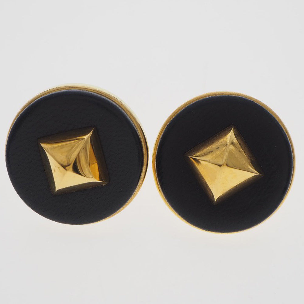 HERMES Earring Plated Gold , Leather gold Medor Women Used