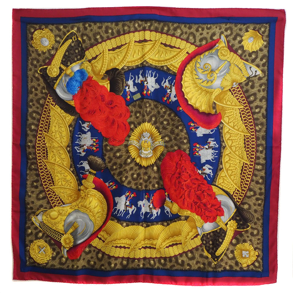 HERMES scarf silk Red A faceless helmet CASQUES et PLUMETS Carre90 Women Used