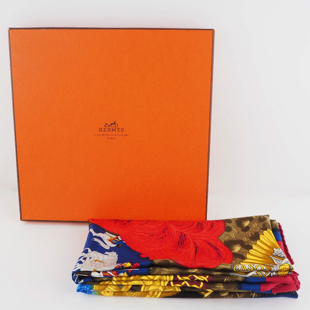 HERMES scarf silk Red A faceless helmet CASQUES et PLUMETS Carre90 Women Used