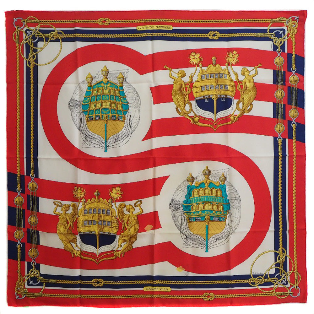 HERMES scarf silk Red stern decoration CHATEAUX D'ARRIERE Carre90 Women Used