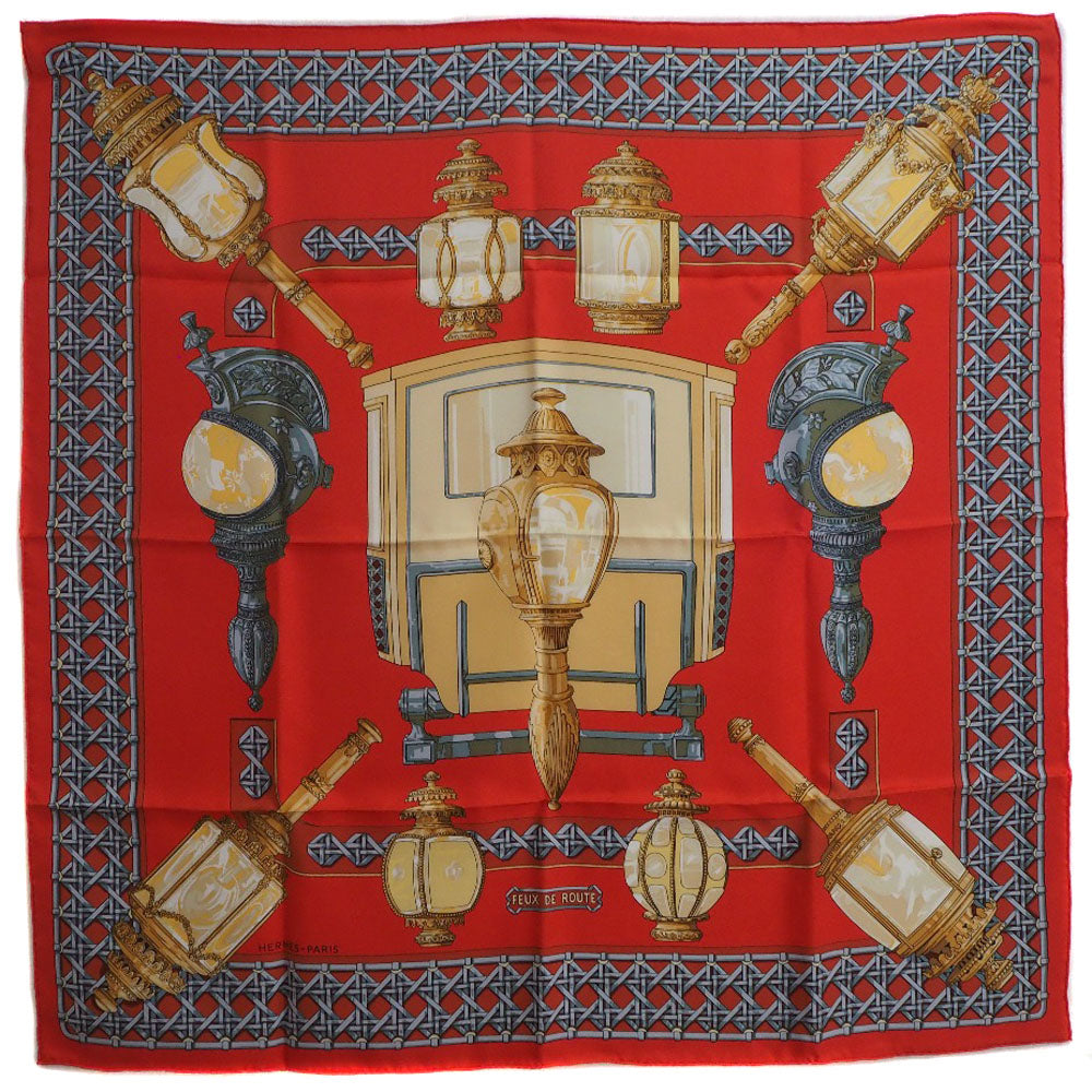 HERMES scarf silk Red Carriage lantern FEUX DE ROUTE Carre90 Women Used