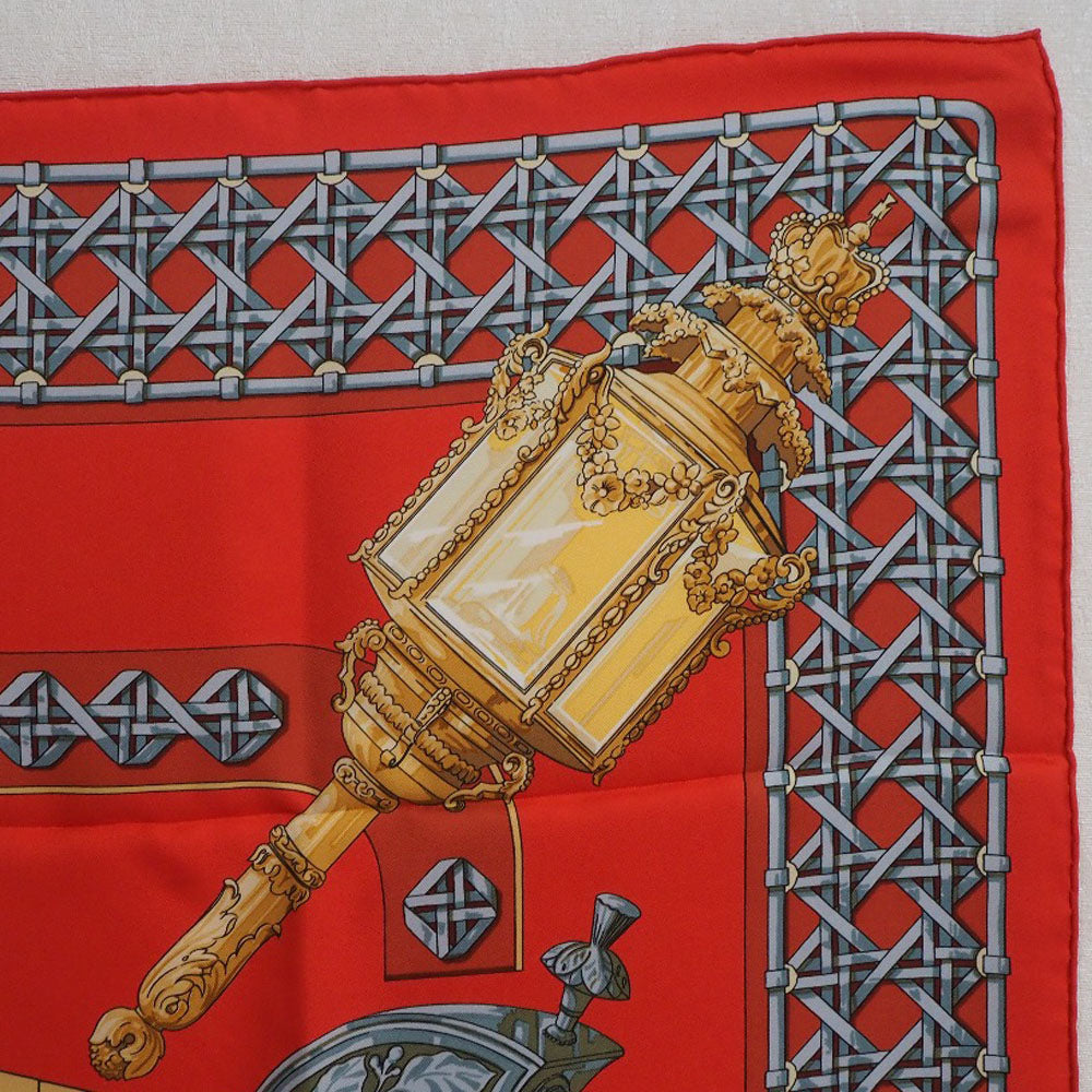 HERMES scarf silk Red Carriage lantern FEUX DE ROUTE Carre90 Women Used