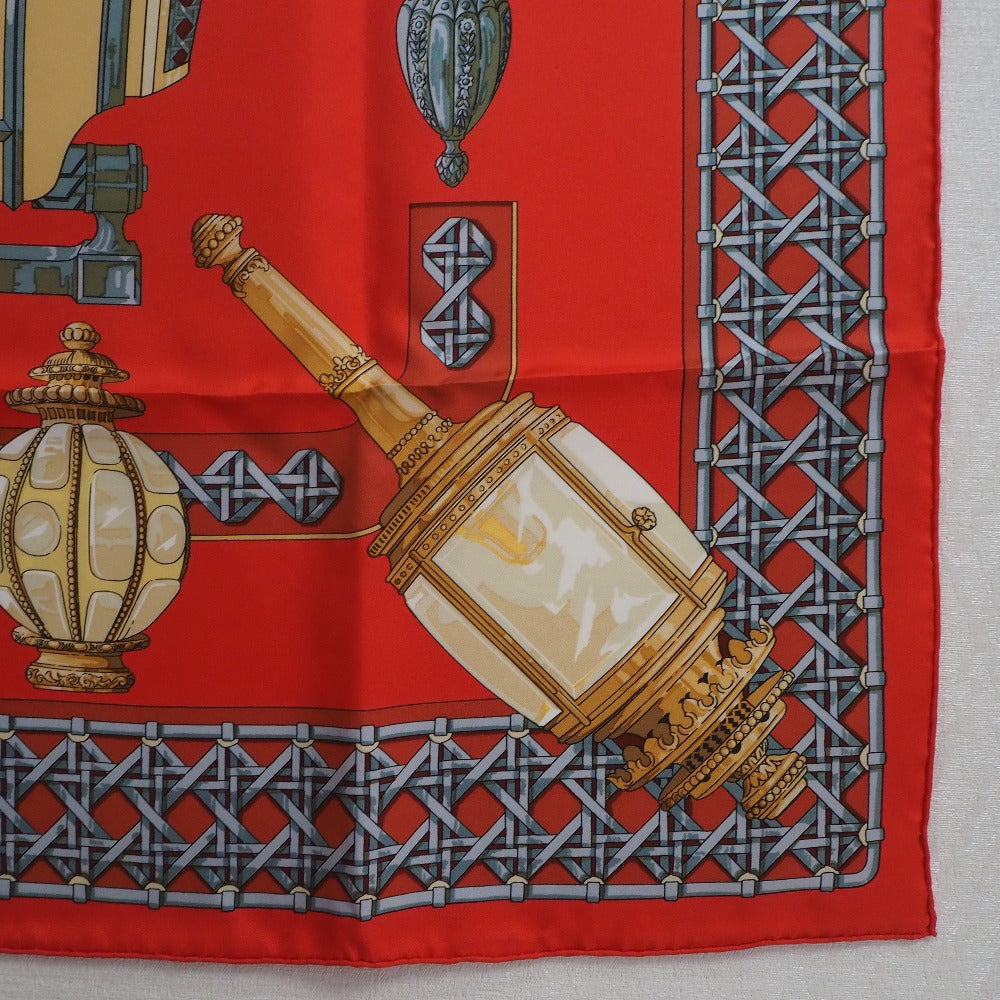 HERMES scarf silk Red Carriage lantern FEUX DE ROUTE Carre90 Women Used