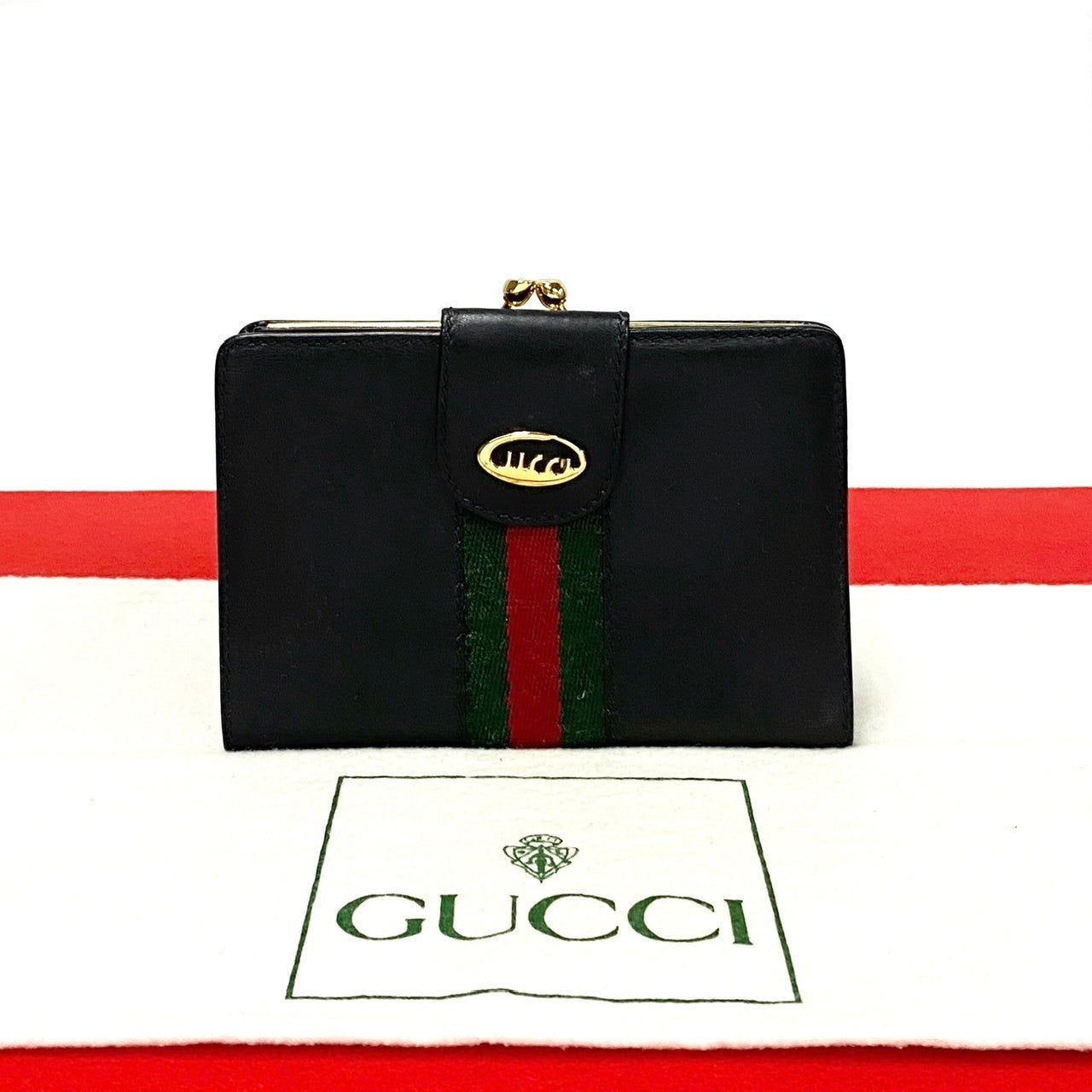 GUCCI Bifold Wallet leather black logo Metal Sherry line Women Used