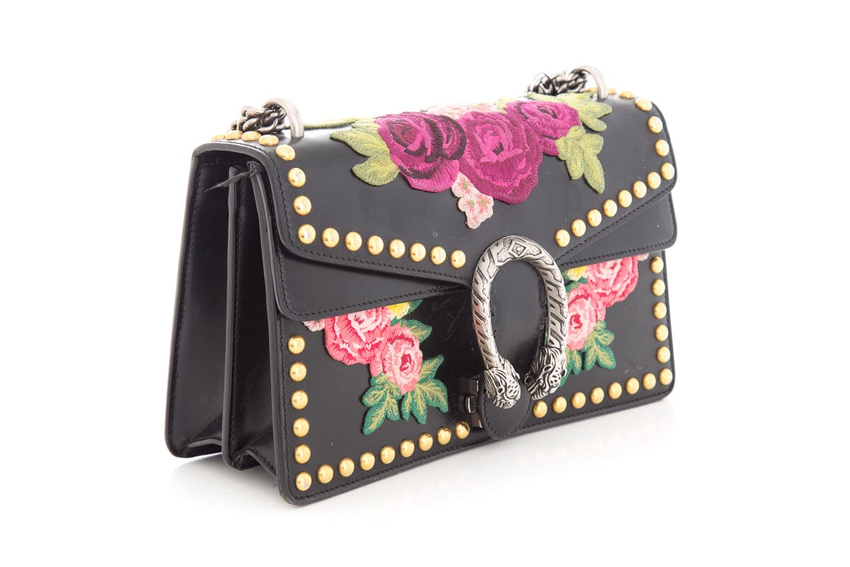 Gucci Dionysus Embroidered Floral Black Leather "Blind For Love" HandBag