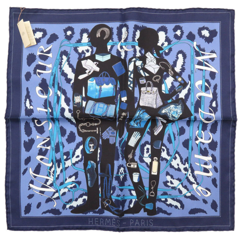 HERMES scarf silk blue Carre40 MONSIEUR ET MADAME Monsieur & Madam