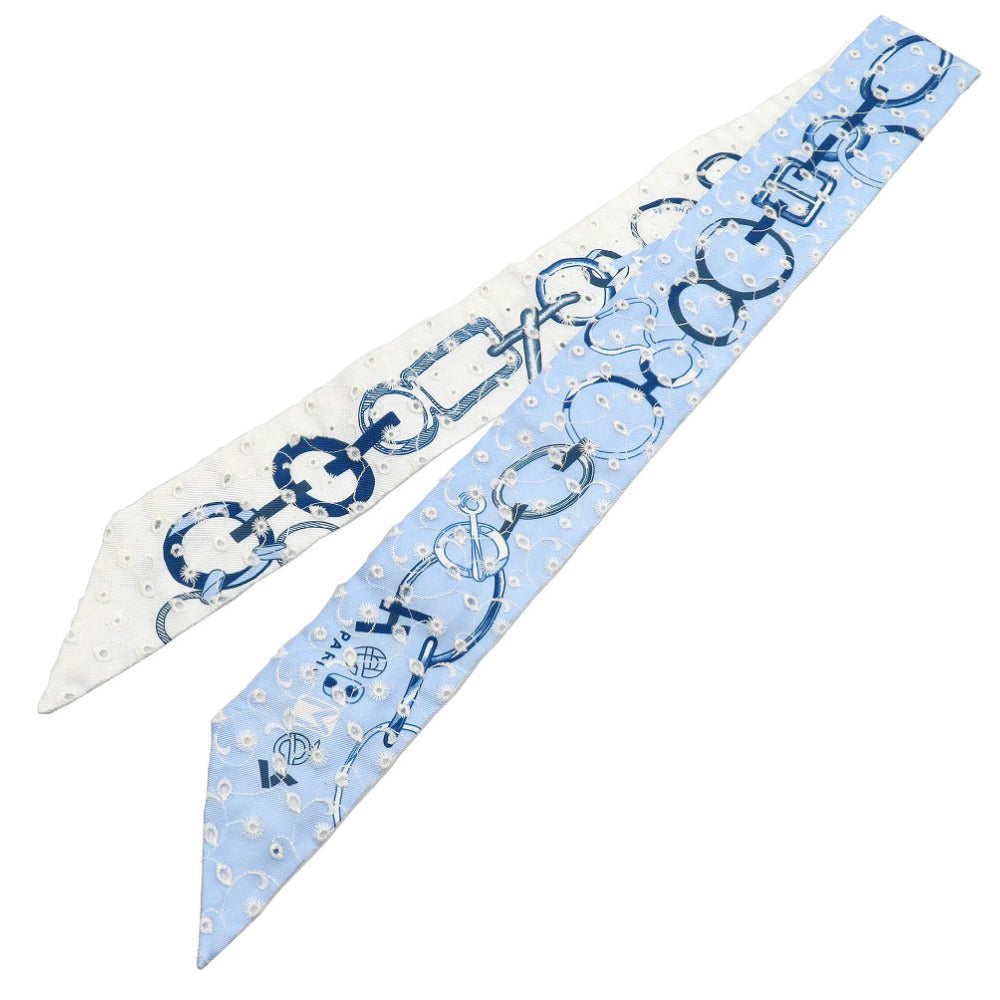 HERMES scarf silk blue Twilly de les Boucles Broderie Anglaise