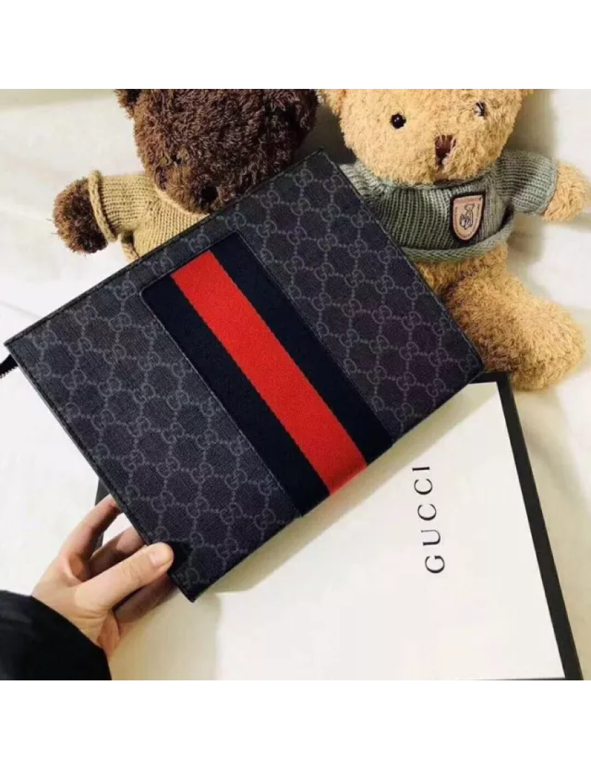 Gucci GG Supreme canvas clutch bag with striped webbing