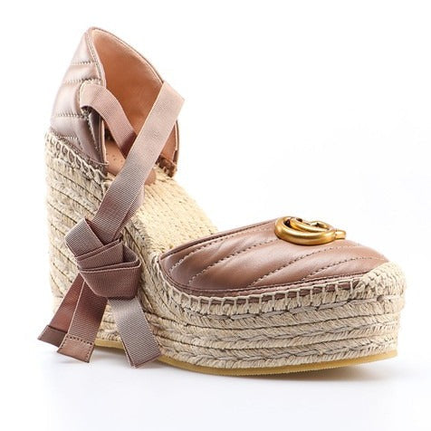 Gucci Ankle Tie Wedge Platform Espadrille Sandals