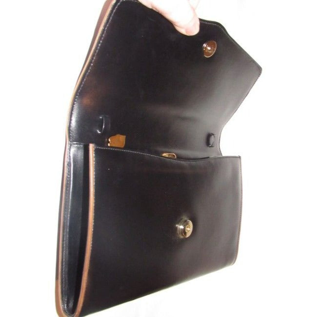 Gucci Vintage Pursesdesigner Purses Glossy Black Leather With Brown Leather Trim And Gold Equestrian