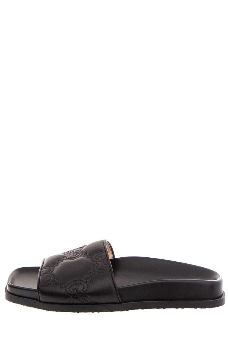 Gucci Black Leather Monogram Slides SZ 37