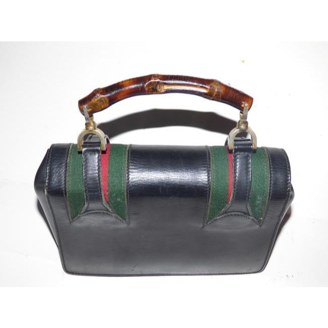 Gucci Buckle Top Bag W And Redgreen Stripes Blackredgreenbamboo Handle Leather Satchel