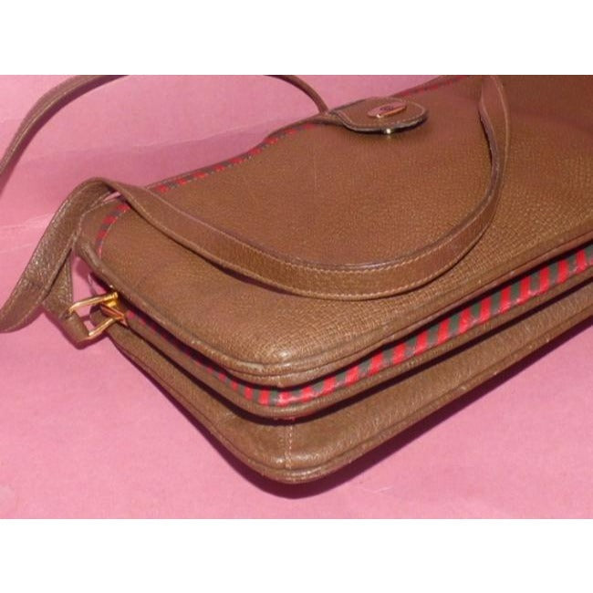 Gucci W Red Green Striped Coated Canvas Accents Brown Leather Cross Body Bag