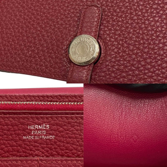 HERMES Long Wallet Purse Taurillon Clemence wine-red Dogon GM
