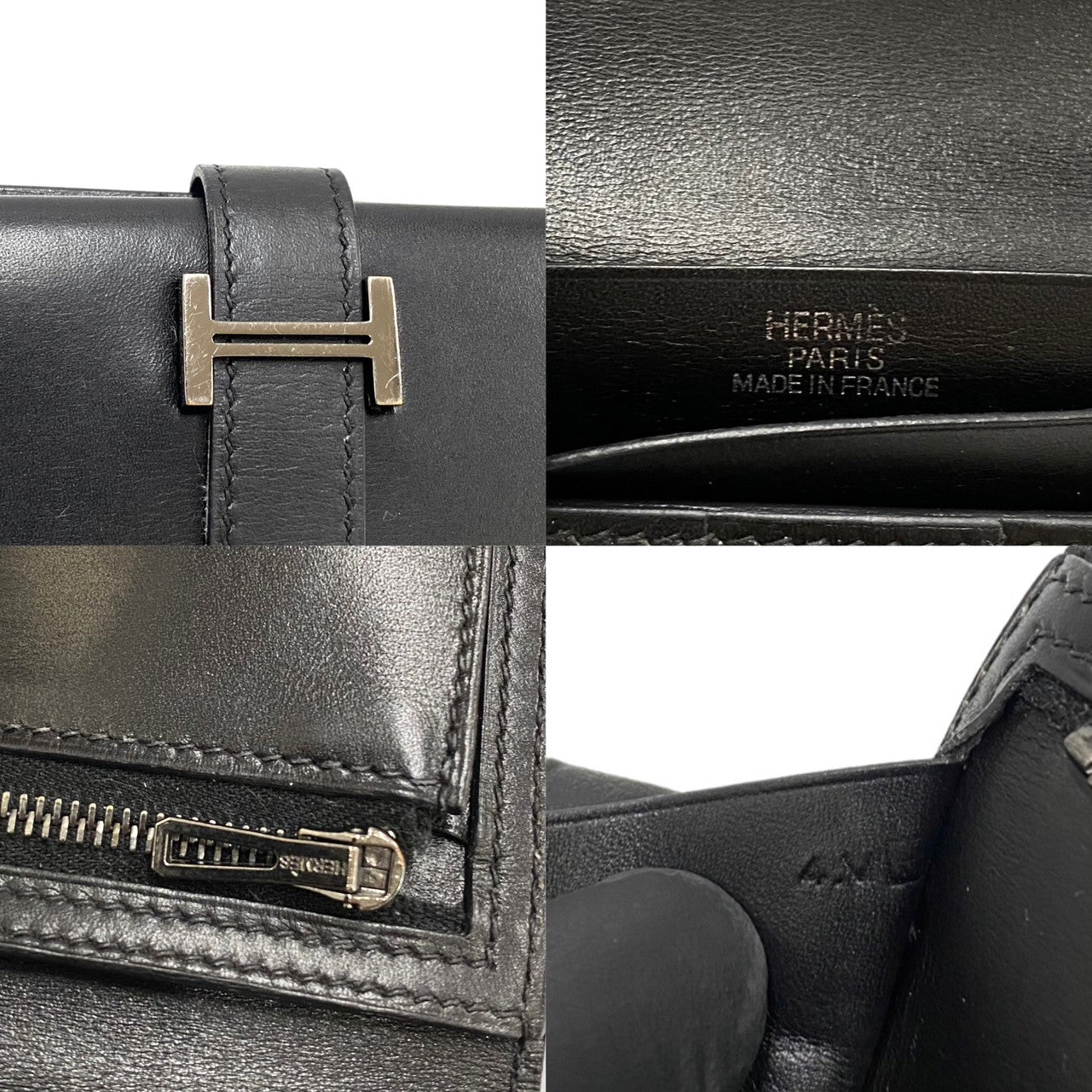 HERMES Long Wallet Purse Calfskin black Bean