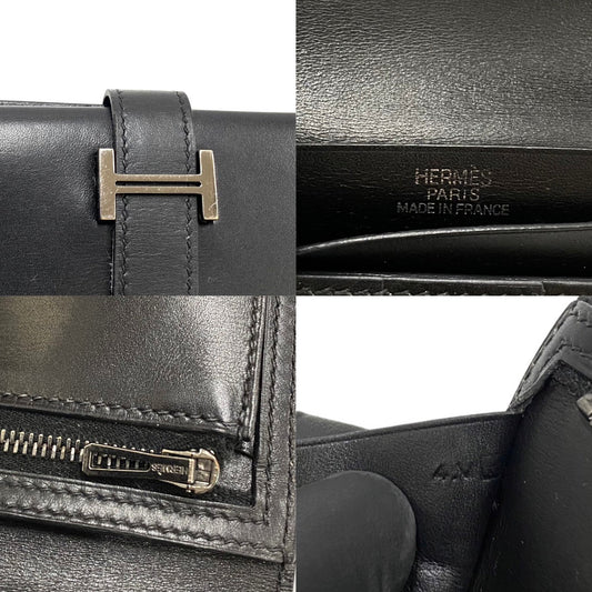 HERMES Long Wallet Purse Calfskin black Bean