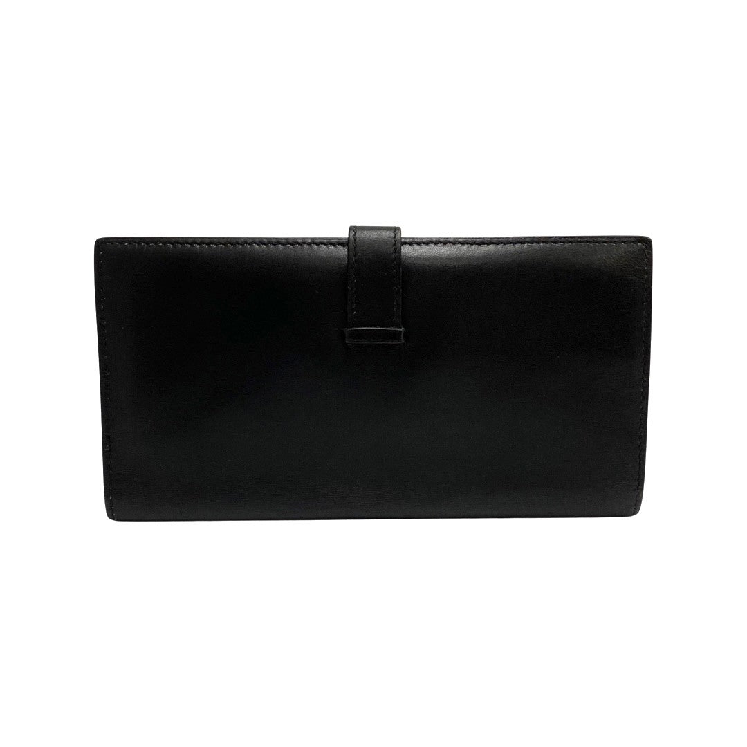 HERMES Long Wallet Purse Calfskin black Bean