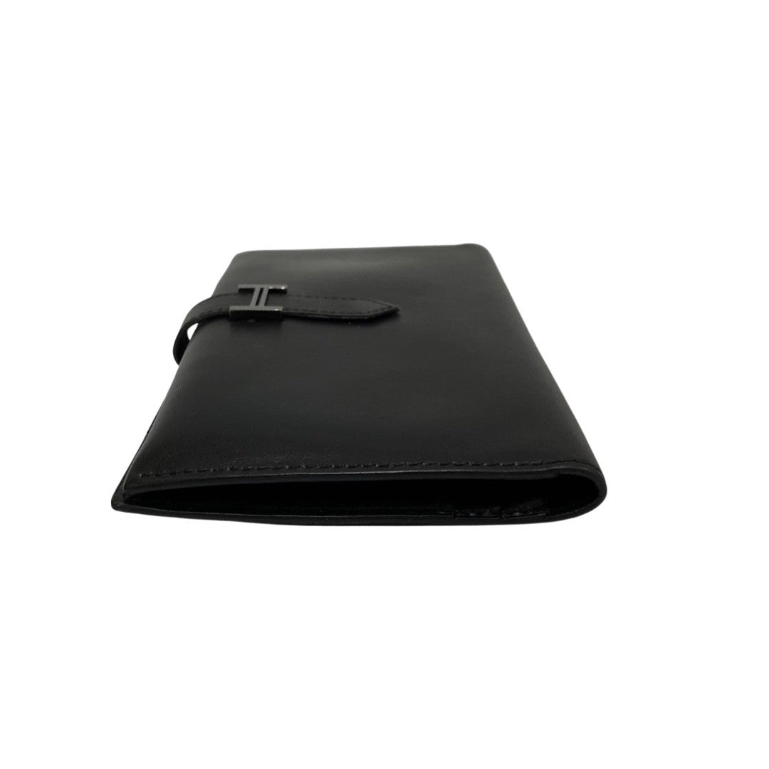 HERMES Long Wallet Purse Calfskin black Bean