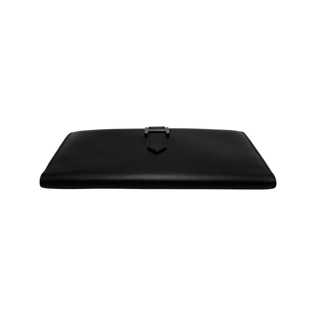 HERMES Long Wallet Purse Calfskin black Bean