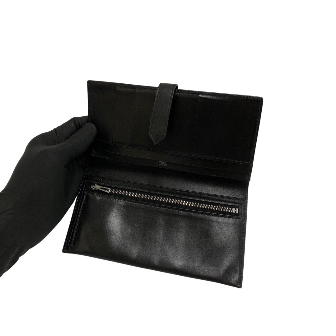 HERMES Long Wallet Purse Calfskin black Bean