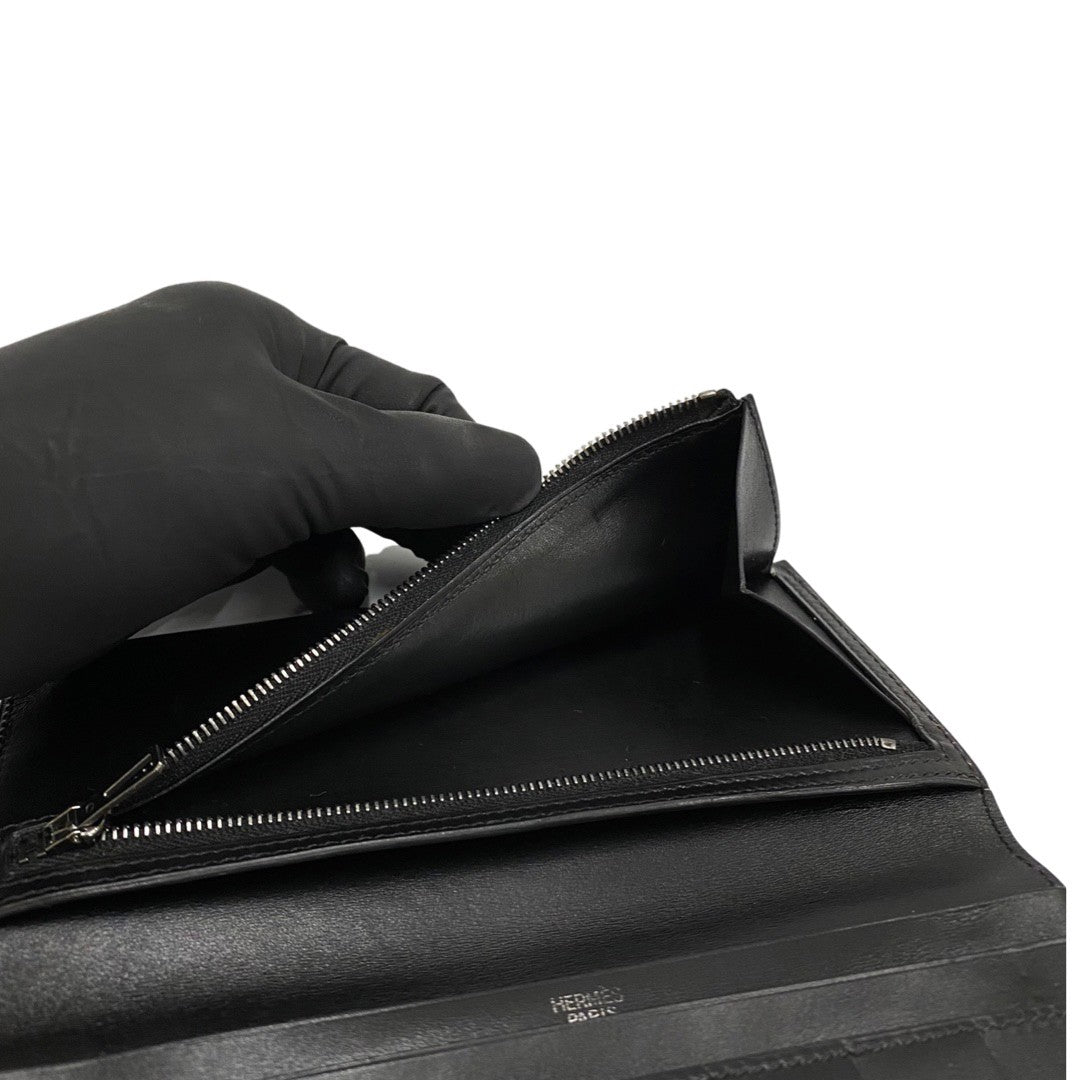 HERMES Long Wallet Purse Calfskin black Bean