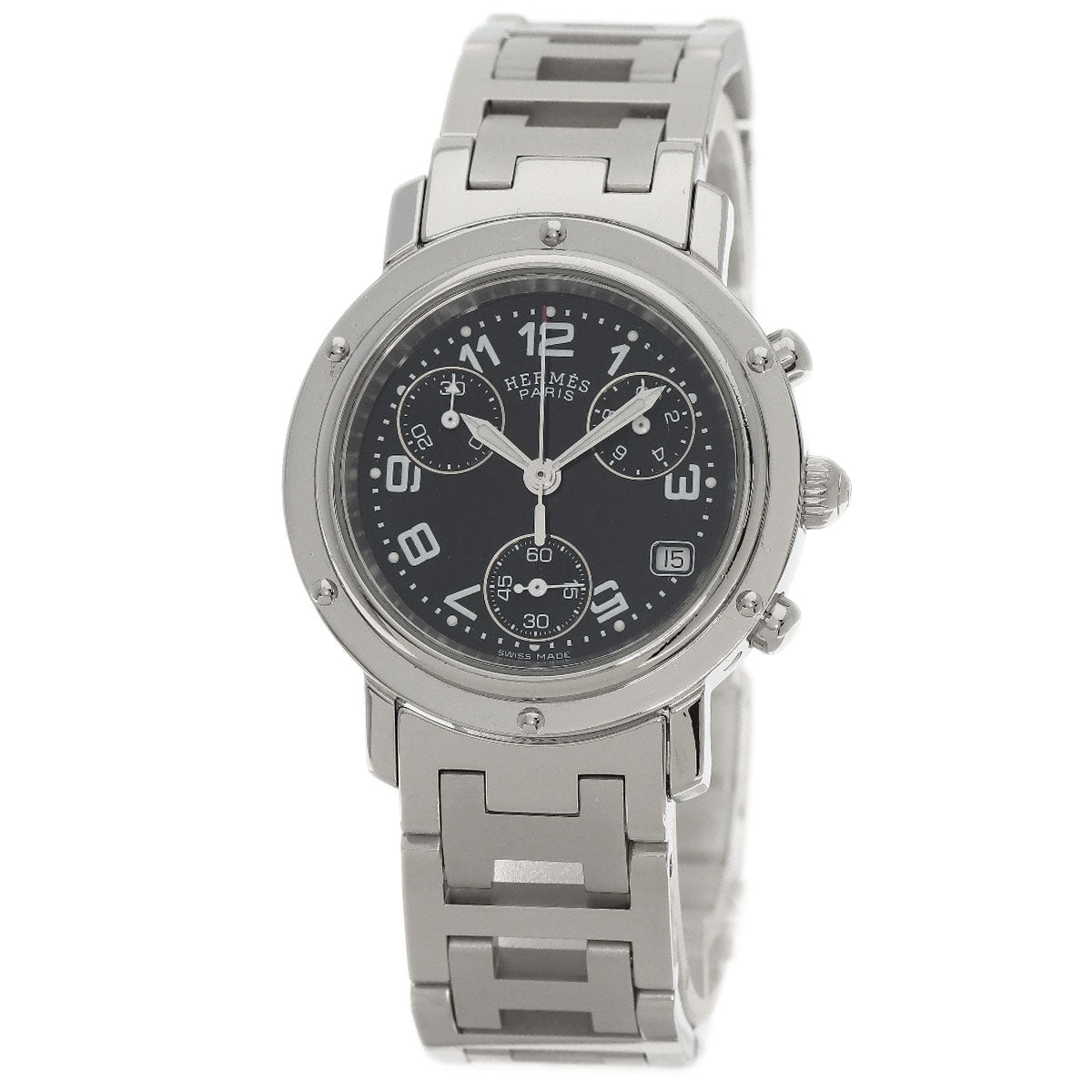 HERMES Watches Quartz CL1.310 Stainless Steel , Stainless Steel Silver Clipper Chrono black dial Women Used