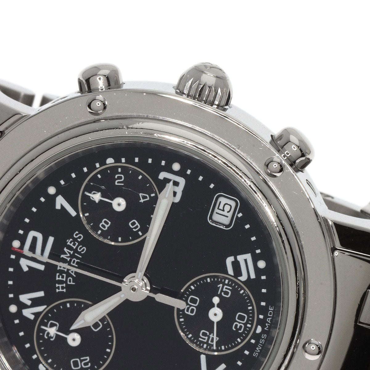 HERMES Watches Quartz CL1.310 Stainless Steel , Stainless Steel Silver Clipper Chrono black dial Women Used