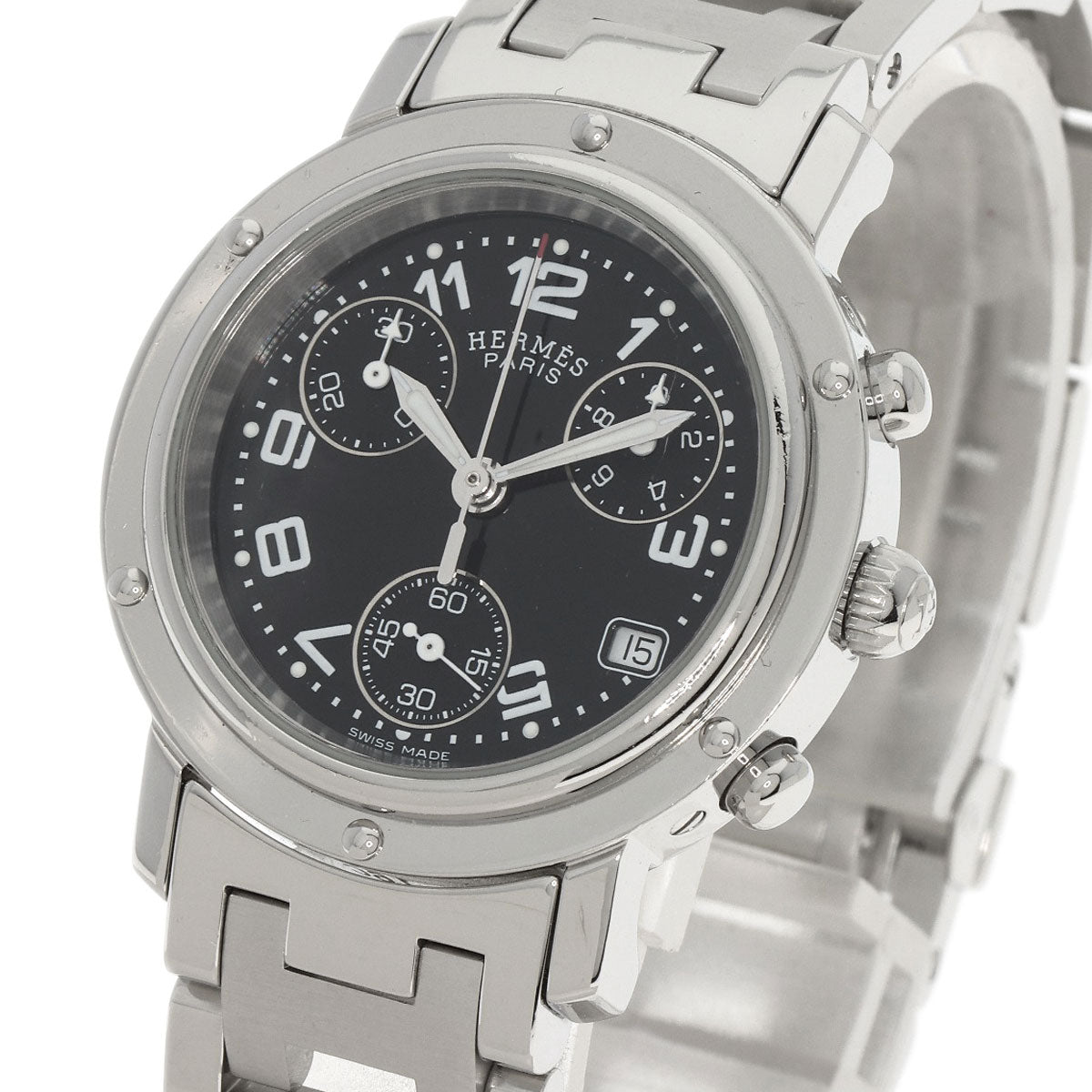 HERMES Watches Quartz CL1.310 Stainless Steel , Stainless Steel Silver Clipper Chrono black dial Women Used