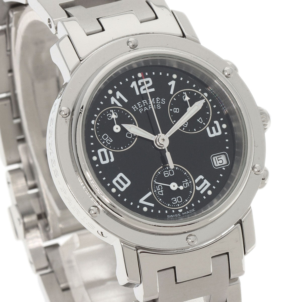 HERMES Watches Quartz CL1.310 Stainless Steel , Stainless Steel Silver Clipper Chrono black dial Women Used