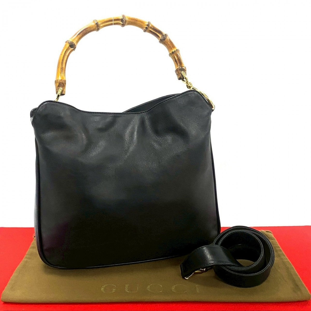 GUCCI Shoulder Bag leather black Bamboo
