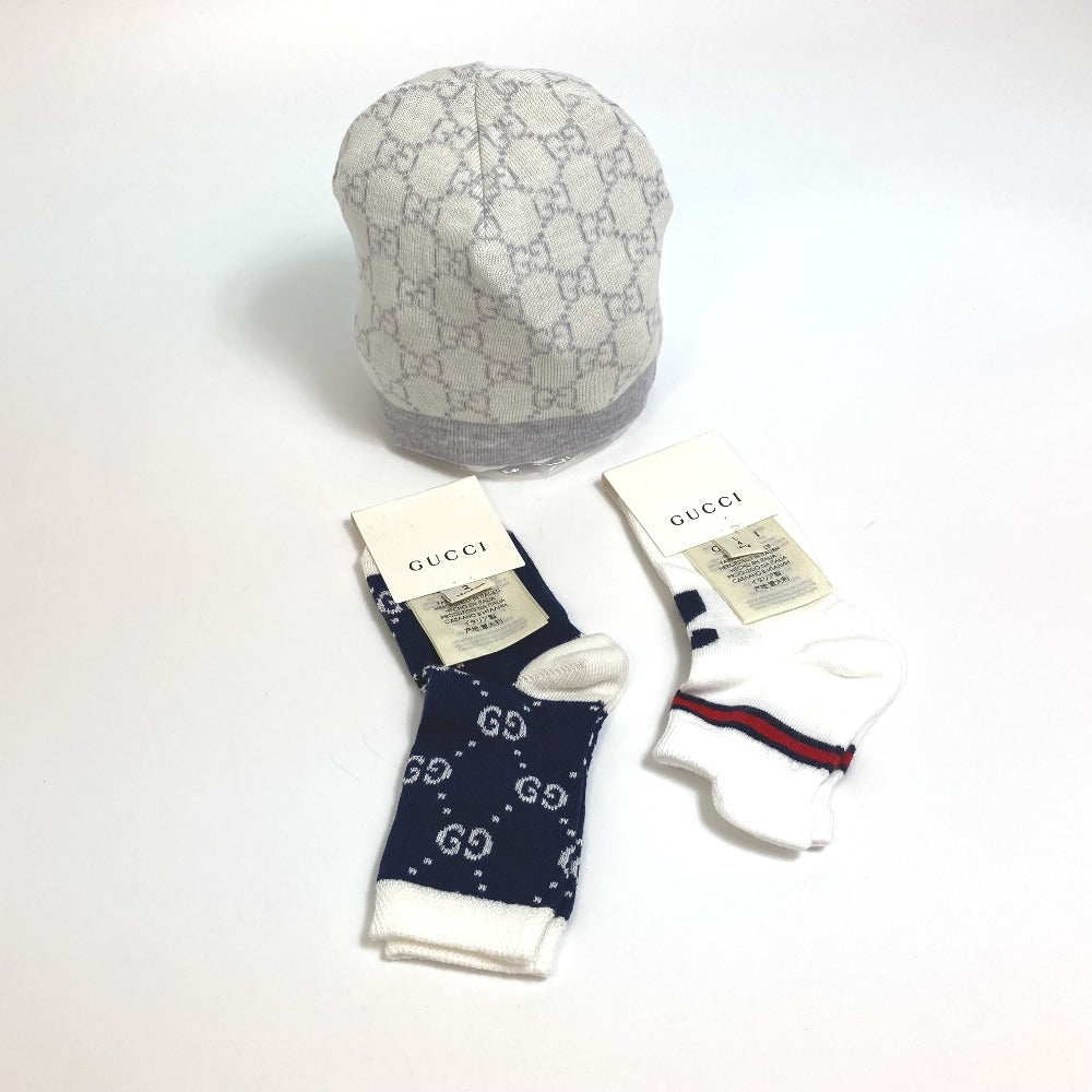GUCCI Knit hat 418599 cotton White x navy Baby GG pattern Women M Used