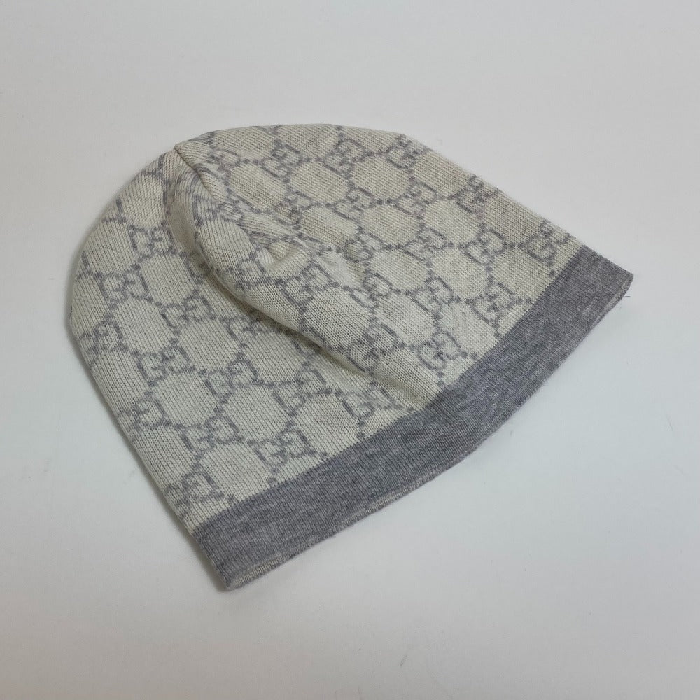 GUCCI Knit hat 418599 cotton White x navy Baby GG pattern Women M Used