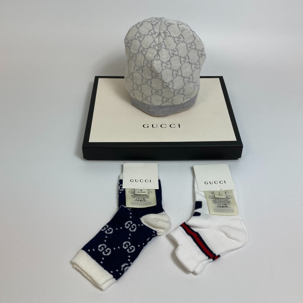GUCCI Knit hat 418599 cotton White x navy Baby GG pattern Women M Used