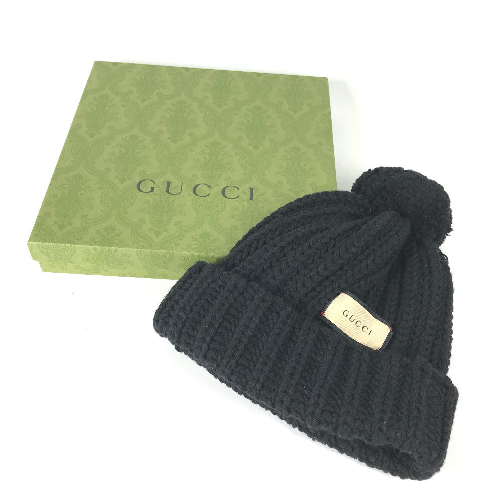 GUCCI Knit hat 652656 polyester black With pompoms logo 58