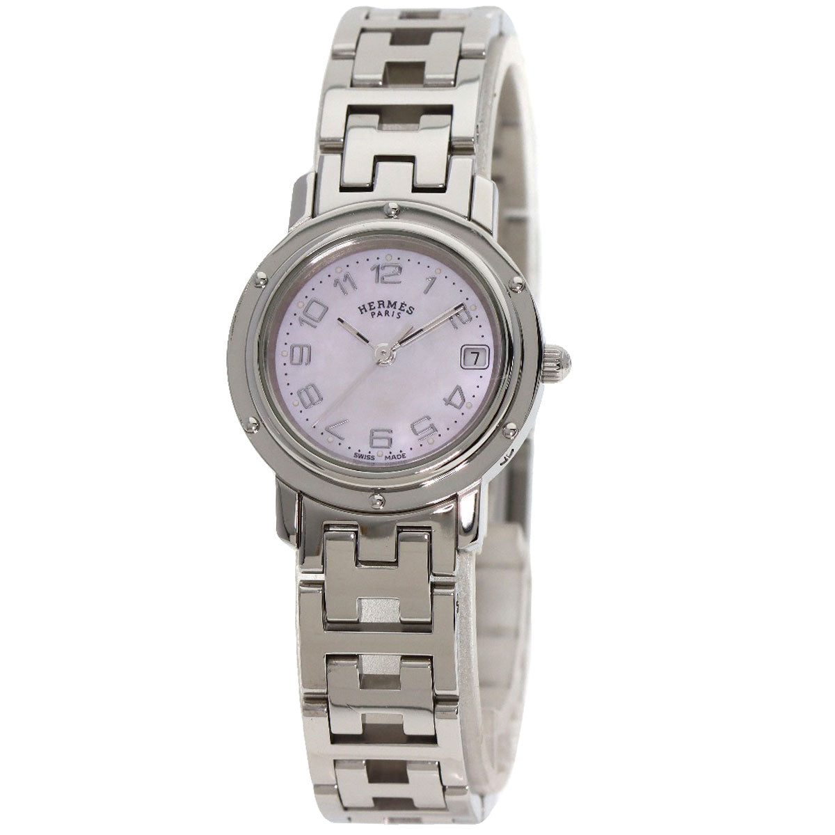 HERMES Watches Quartz CL4.210 Stainless Steel , Stainless Steel Silver Clipper Nacre new buckle Pink shell dial Women Used