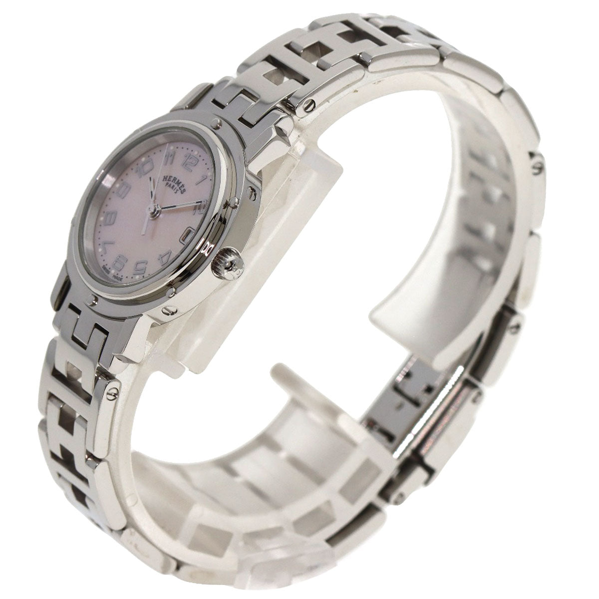 HERMES Watches Quartz CL4.210 Stainless Steel , Stainless Steel Silver Clipper Nacre new buckle Pink shell dial Women Used