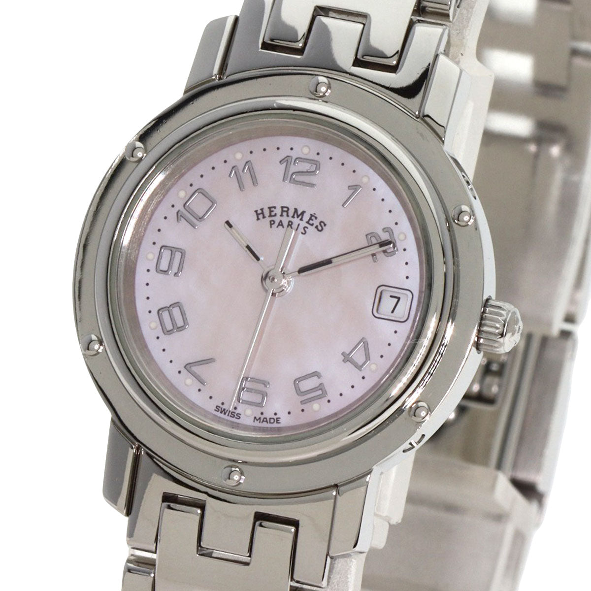 HERMES Watches Quartz CL4.210 Stainless Steel , Stainless Steel Silver Clipper Nacre new buckle Pink shell dial Women Used