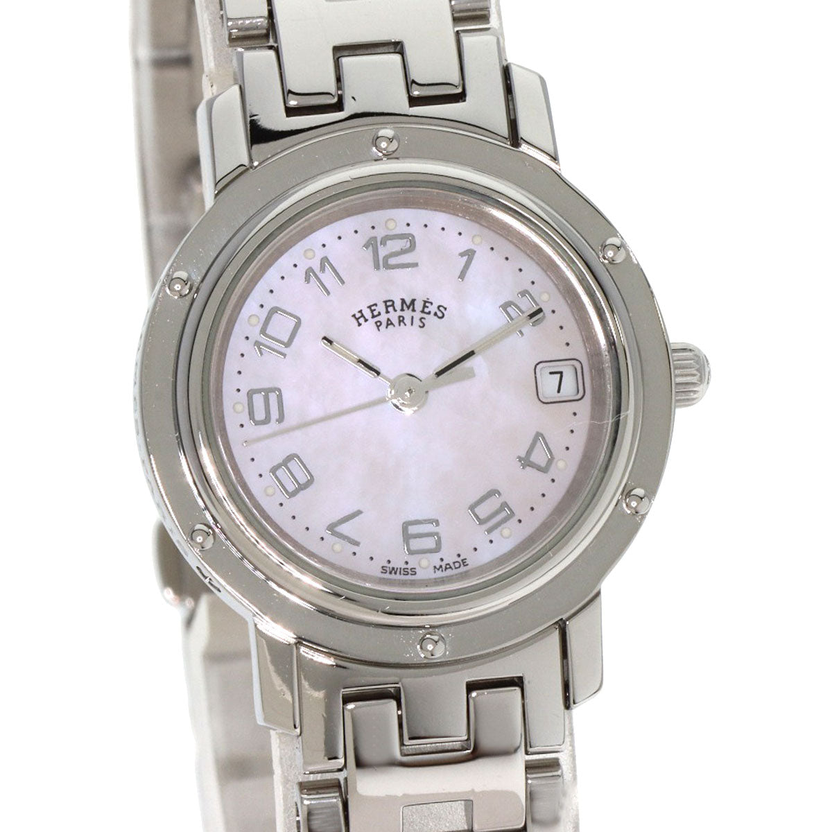 HERMES Watches Quartz CL4.210 Stainless Steel , Stainless Steel Silver Clipper Nacre new buckle Pink shell dial Women Used