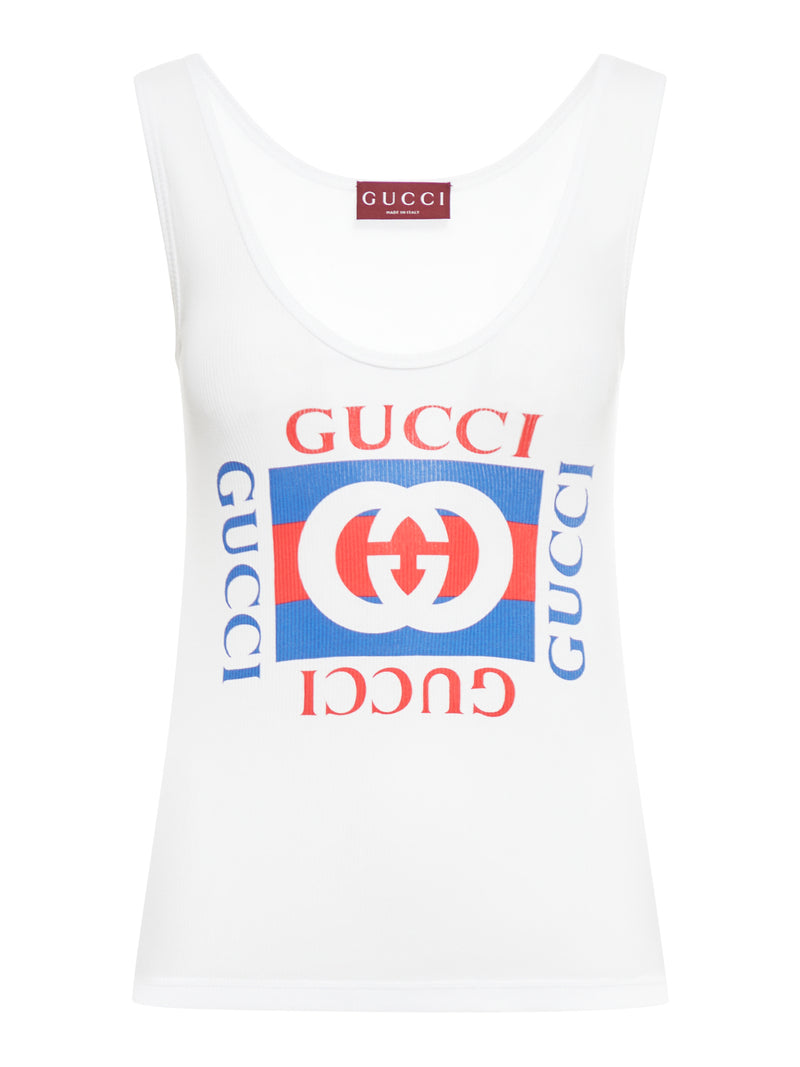 Gucci Women Ribbed Cotton Tank Top With Gucci Print