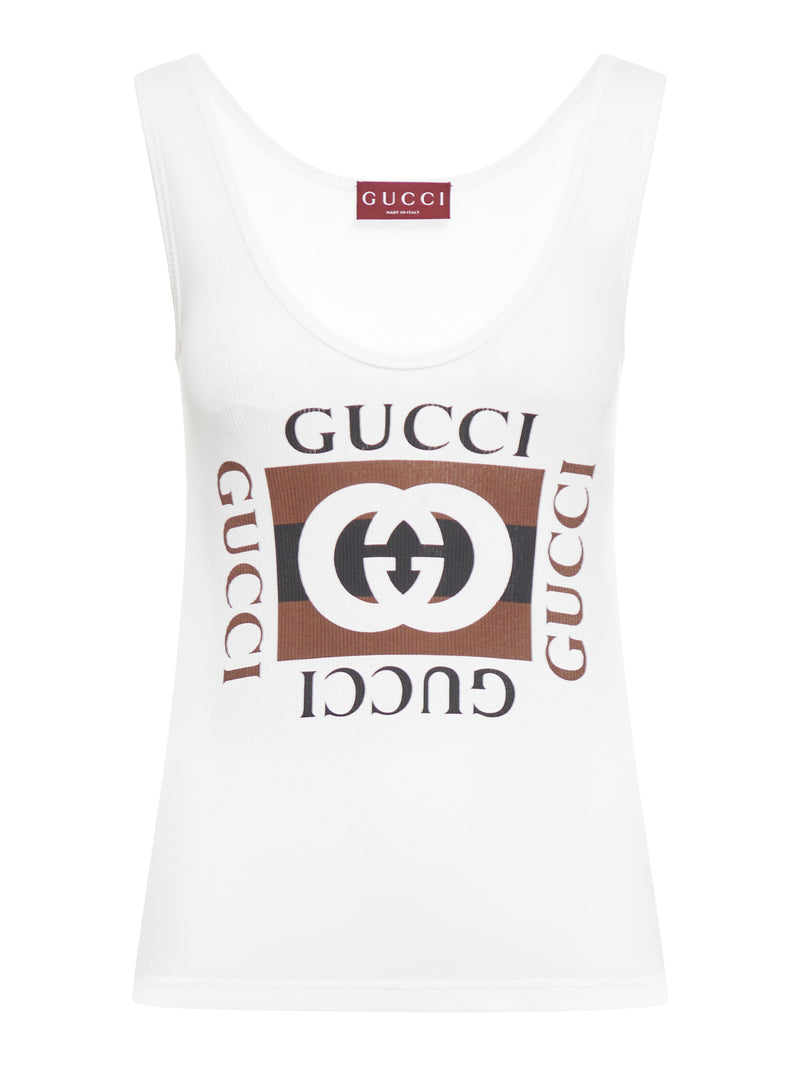 Gucci Women Ribbed Cotton Tank Top With Gucci Print