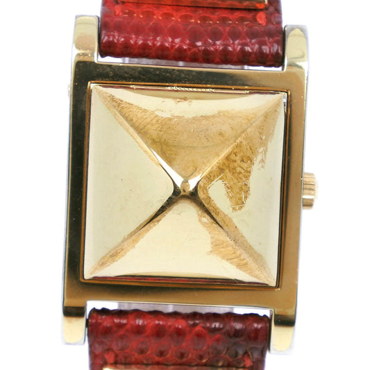 HERMES Watches Quartz Plated Gold , Leather gold Medor White dial Women Used