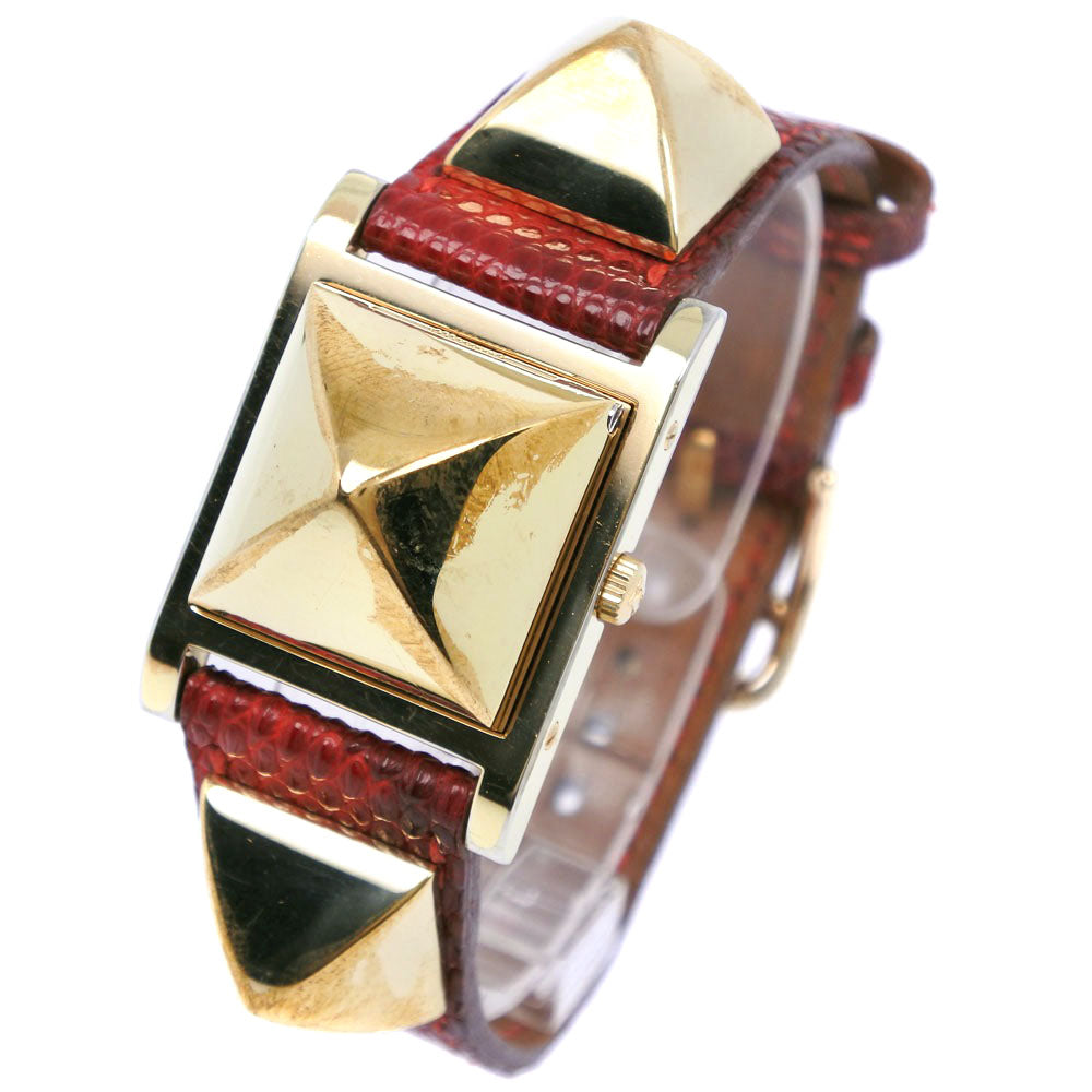 HERMES Watches Quartz Plated Gold , Leather gold Medor White dial Women Used