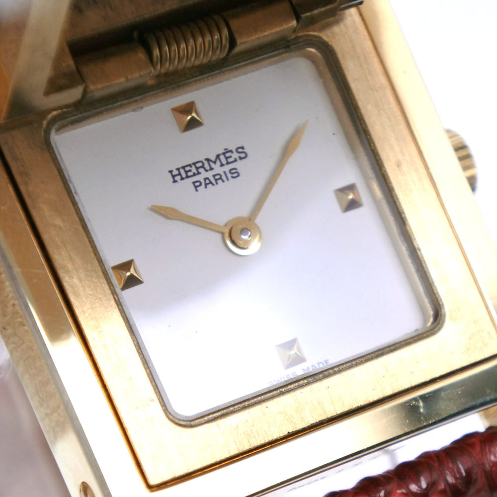 HERMES Watches Quartz Plated Gold , Leather gold Medor White dial Women Used