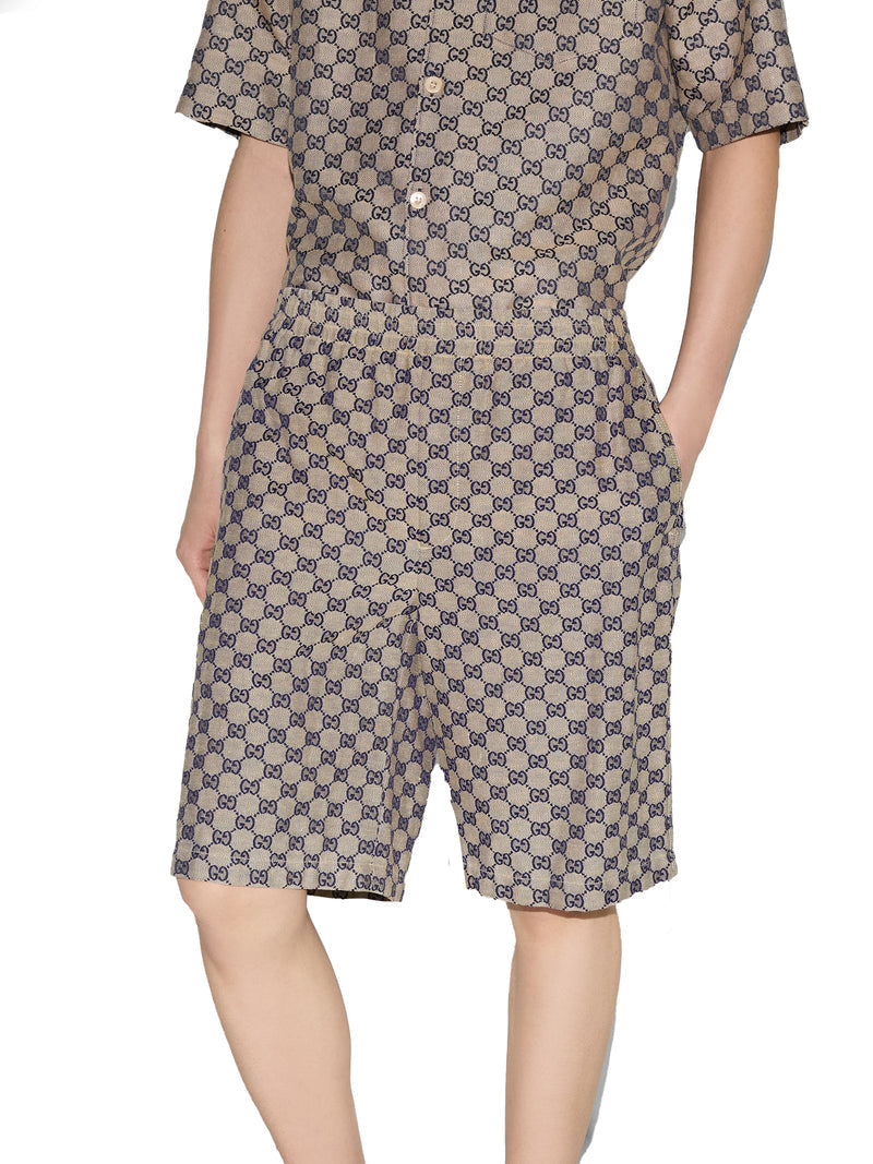 Gucci Men Linen Blend Shorts With Dd Motif