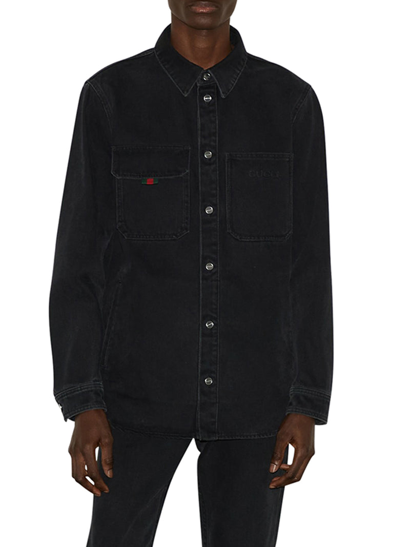Gucci Men Denim Shirt With Gucci Embroidery