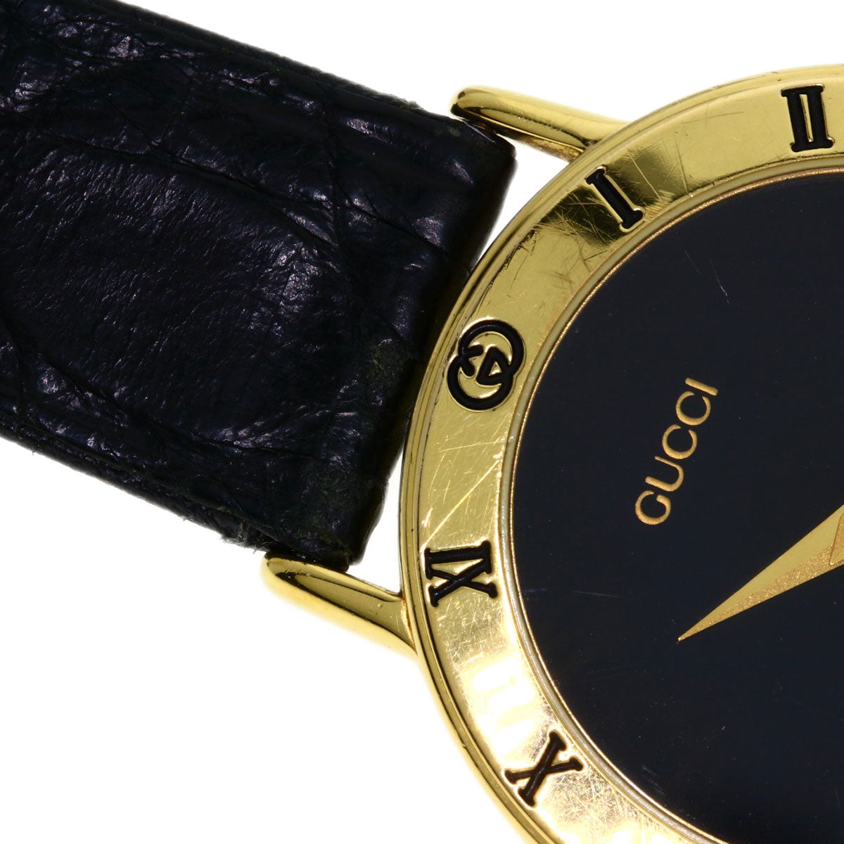 GUCCI Watches Quartz 3000.2M Gold Plated, Leather gold Round face black dial mens Used