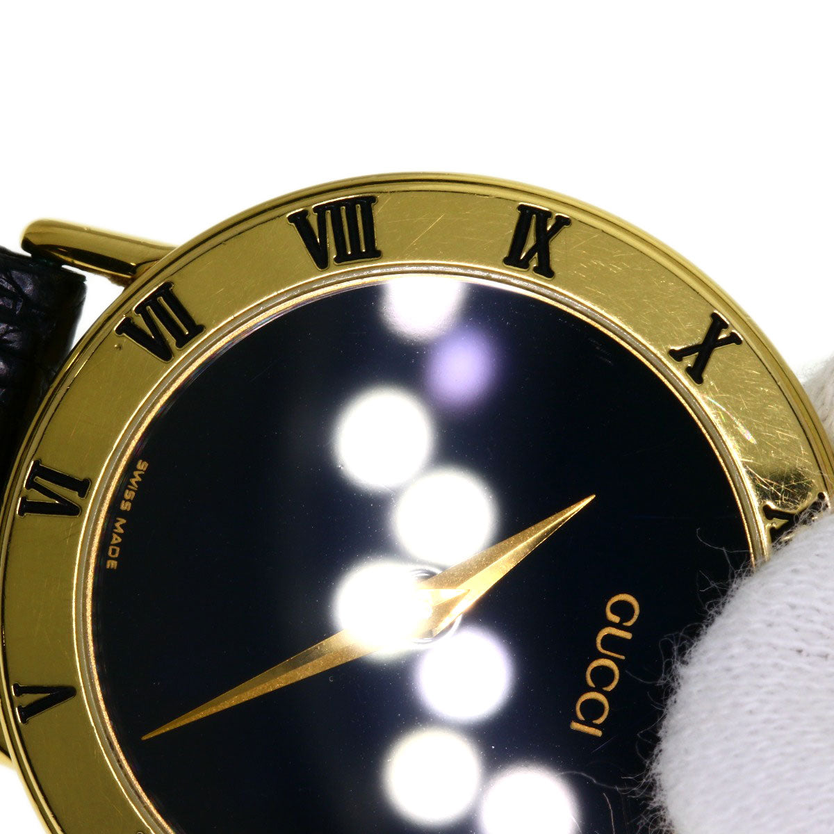 GUCCI Watches Quartz 3000.2M Gold Plated, Leather gold Round face black dial mens Used