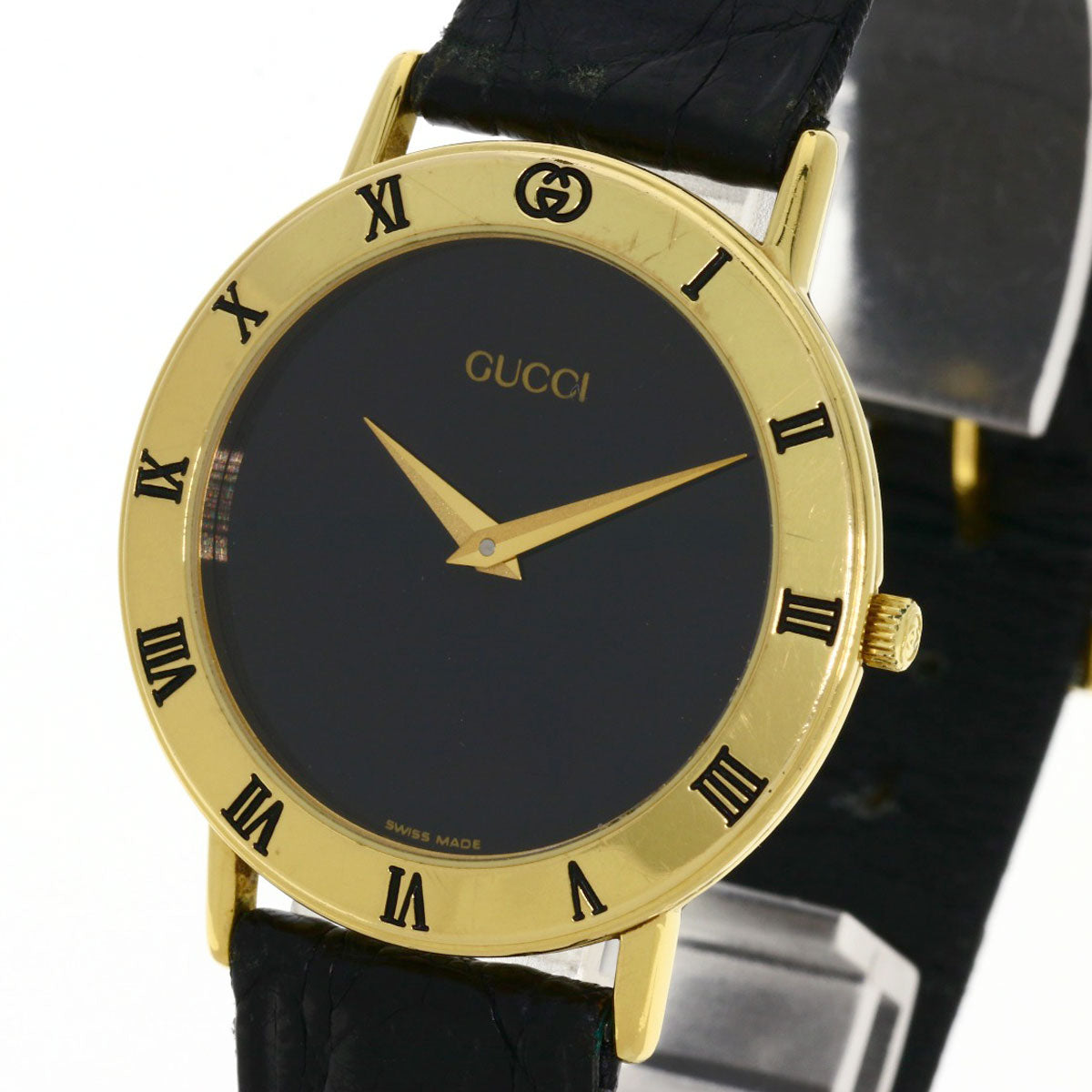 GUCCI Watches Quartz 3000.2M Gold Plated, Leather gold Round face black dial mens Used