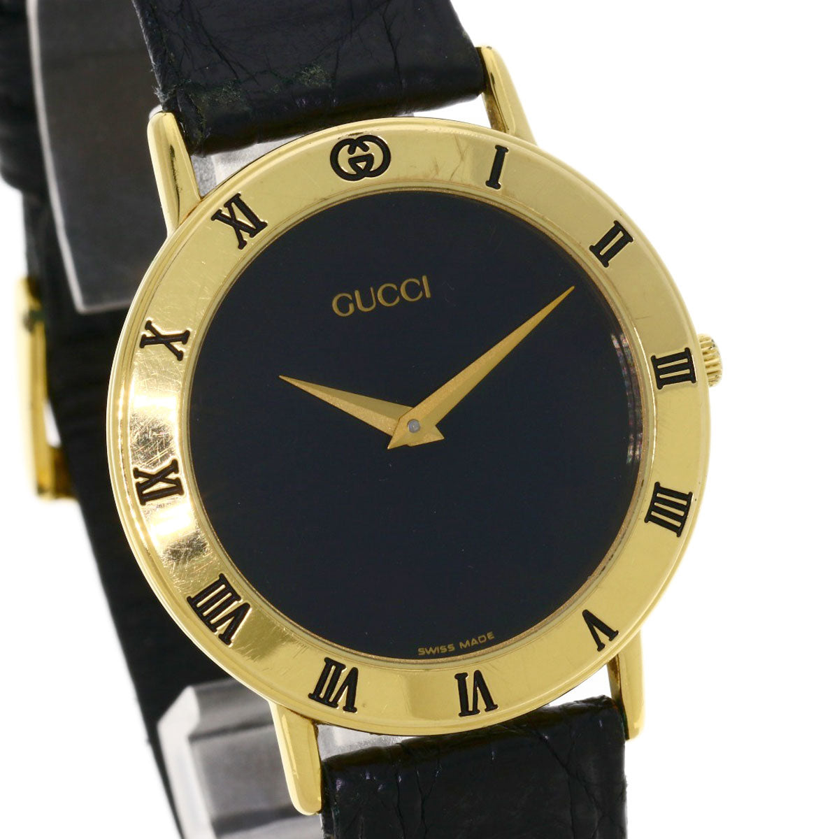 GUCCI Watches Quartz 3000.2M Gold Plated, Leather gold Round face black dial mens Used